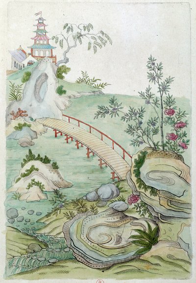 Dibujo de un jarrón chino: paisaje con puente de Jean Antoine Fraisse