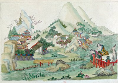 Dibujo de un jarrón chino: paisaje con río y personajes de Jean Antoine Fraisse