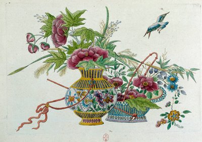 Flores en un jarrón. Dibujo de un jarrón chino de Jean Antoine Fraisse
