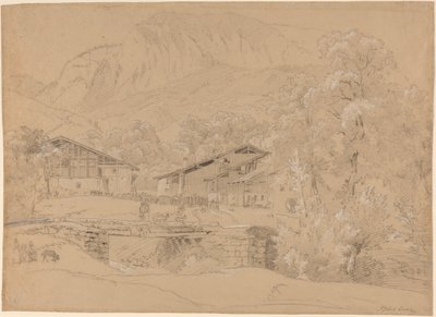 An Alpine Village in Summertime (tiza negra y grafito realzado con tiza blanca sobre papel canela) de Jean Antoine Linck
