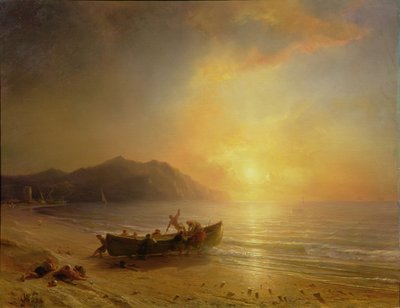 Un paisaje costero con pescadores árabes lanzando un bote al atardecer de Jean Antoine Theodore Gudin