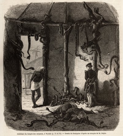 Dentro del templo de serpientes fetiches, en Wydah, en Dahomey (actual Benín), dibujo de Jean Antoine Foulquier (1822-1896), para ilustrar el viaje del Dr. Repin a Dahomey en 1860. Grabado en “Le tour du monde”, editado por Edouard Charton de Jean Antoine Valentin Foulquier