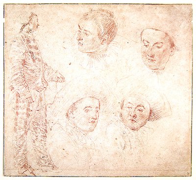 Un personaje y cuatro cabezas de Jean Antoine Watteau