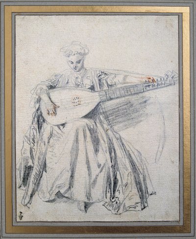 Un laudista. Dibujo a mina de plomo y sanguina por Jean Antoine Watteau (1684-1721). Siglo XVIII. Chantilly, museo Condé de Jean Antoine Watteau