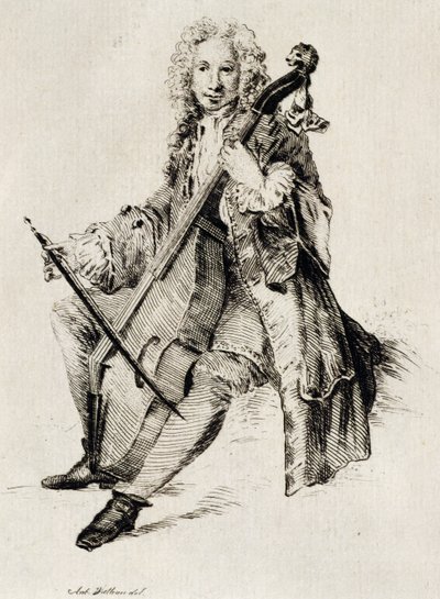 Violonchelista, por Jean Antoine Watteau, grabado, Francia de Jean Antoine Watteau