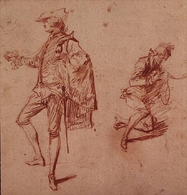 Dibujo de un joven de pie y otro arrodillado de Jean Antoine Watteau