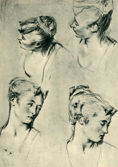 Cuatro estudios de cabezas femeninas, principios del siglo XVIII, 1943 de Jean Antoine Watteau