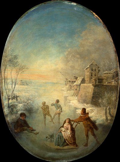 Gentlefolk on the Ice by a Walled Town in Winter (aceite) de Jean Antoine Watteau