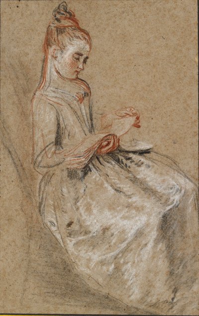 Niña sentada con un libro de música en su regazo, principios del siglo XVIII de Jean Antoine Watteau