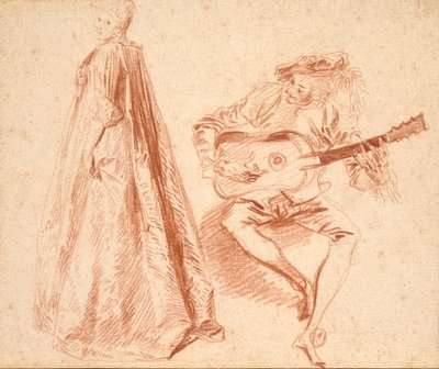 Chica de pie en perfil a la izquierda, con un hombre tocando una guitarra, principios del siglo XVIII de Jean Antoine Watteau