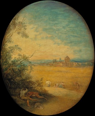 Haymakers en un campo, verano (óleo sobre lienzo) de Jean Antoine Watteau