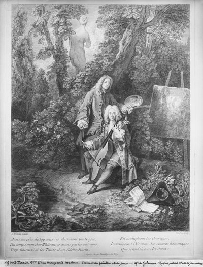 Jean Antoine Watteau y su amigo Monsieur de Julienne, grabado por Nicolas Henri Tardieu (1674-1749) de Jean Antoine Watteau