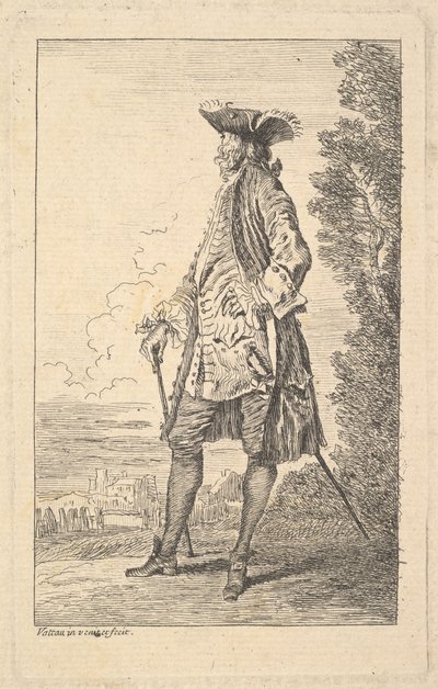 Hombre caminando y llevando un bastón en su mano derecha, mostrado en vista de tres cuartos de Jean Antoine Watteau