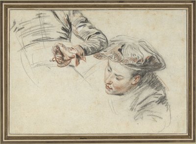Cabeza de hombre con boina y una mano en una empuñadura de Jean Antoine Watteau