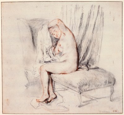 Mujer desnuda sentada en una chaise longue, poniéndose la camisa, siglo XVIII de Jean Antoine Watteau