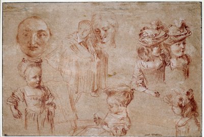 Máscara de Pierrot, cinco chicas en busto, un hombre con capa y la cara de una mujer de Jean Antoine Watteau