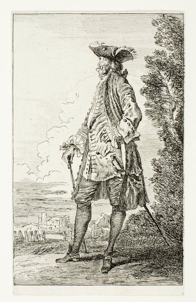 Hombre de pie con sombrero, mirando a la izquierda, de Figures de Modes de Jean Antoine Watteau