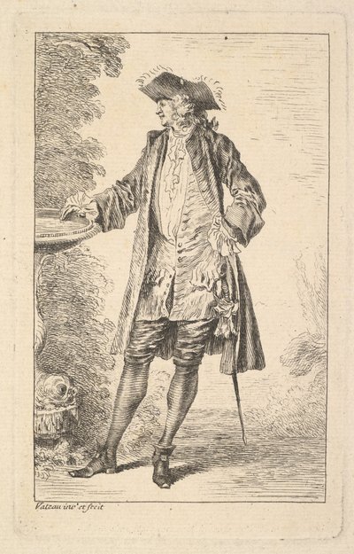 Hombre de pie con su mano derecha apoyada en una palangana, mostrado en vista de tres cuartos de Jean Antoine Watteau