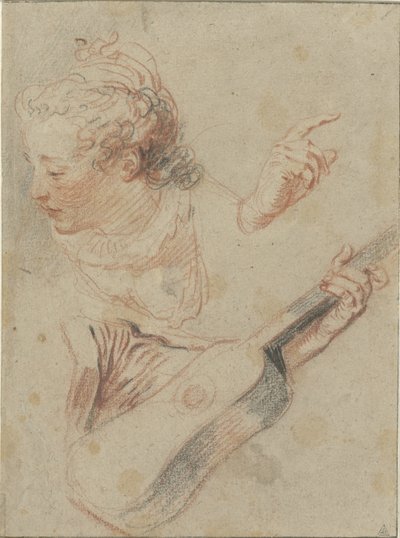 Hoja de estudio con la cabeza de una chica mirando hacia abajo, una guitarra y unas manos tocándolas de Jean Antoine Watteau