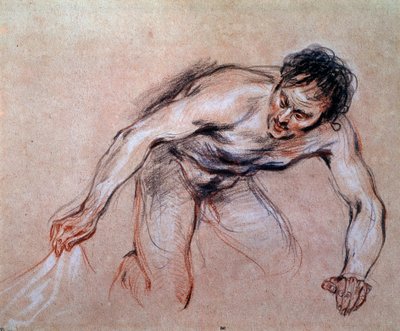 Estudio de un hombre desnudo arrodillado tirando de una cortina de Jean Antoine Watteau