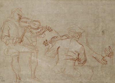 Estudio de dos violinistas y un par de manos, sosteniendo un brazo (tizas roja y blanca sobre papel) de Jean Antoine Watteau