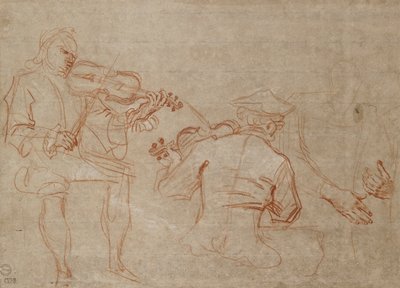 Estudio de dos violinistas y un par de manos, sosteniendo un brazo, a la derecha, alrededor de 1716 de Jean Antoine Watteau