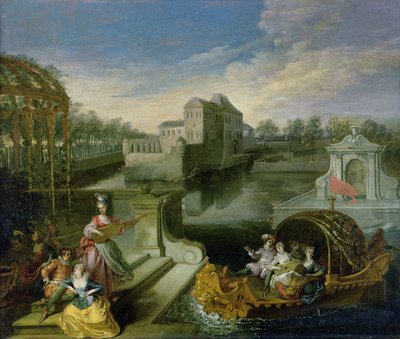 La primavera: Fiesta campestre en un jardín acuático con figuras en un bote de Jean Antoine Watteau
