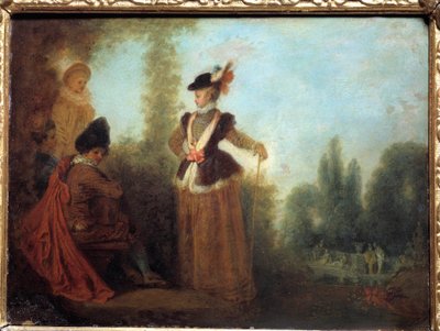 La aventurera, una joven elegante con atuendo de viaje de Jean Antoine Watteau