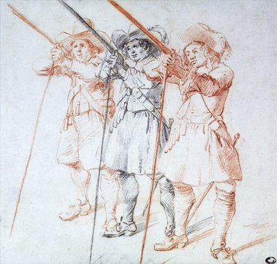 Tres arcabuceros, 1712 de Jean Antoine Watteau