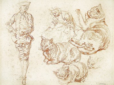 Dos hombres y cuatro gatos de Jean Antoine Watteau
