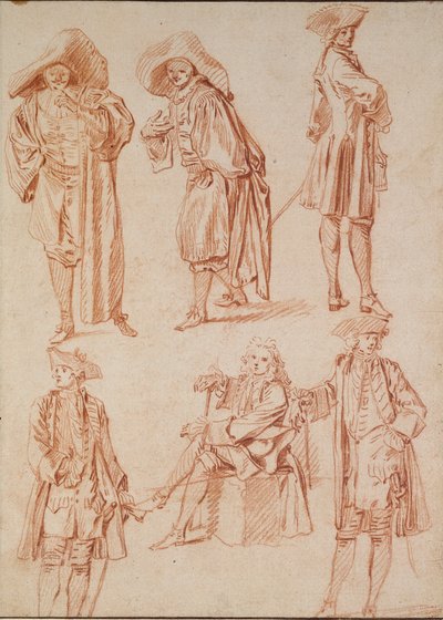 Dos estudios del doctor en la comedia italiana y cuatro oficiales de Jean Antoine Watteau