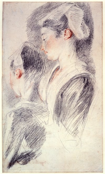 Dos estudios de la cabeza de una joven, 1716-18 de Jean Antoine Watteau