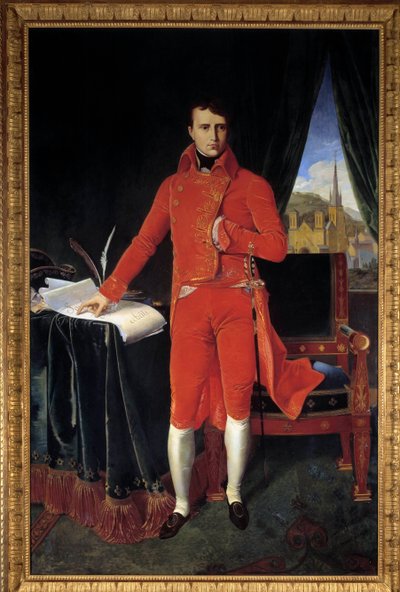 Portrait en pied de Napoleon Bonaparte (1769-1821) en premier Consul Painting by Joseph Pel after Jean-Auguste-Dominique Ingres (Jean Auguste Dominique) (1780-1867) 1929 Sun. 1,2x2,2 m. Malmaison, Musee du chateau ¡Atención! La utilización de esta obra pue de Jean Auguste Dominique (after) Ingres