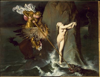 Angélica es liberada por Roger (Ruggero, Ruggiero) cabalgando un hipogrifo (de Orlando furioso de Ludovico Ariosto) de Jean Auguste Dominique Ingres
