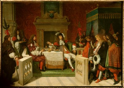 Luis XIV y Molière: Rey Luis XIV (1638-1715) y Jean Baptiste Poquelin llamado Molière (1622-1673) en la mesa frente a los cortesanos de Jean Auguste Dominique Ingres