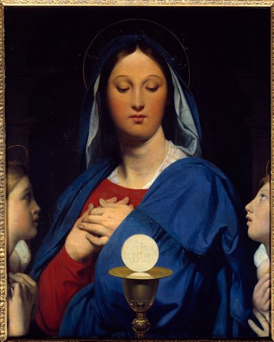 La virgen tiene la hostia. Símbolos de la comunión: Objeto de la Eucaristía (la hostia como el cuerpo de Cristo y el vino del Cáliz como su sangre) de Jean Auguste Dominique Ingres
