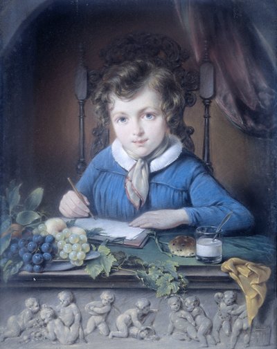 Retrato de un niño sentado en una hornacina y vestido con una chaqueta azul de Jean Augustin Daiwaille (attributed to)