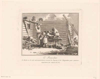 Figuras en una tijera frente a una casa de madera en construcción
Le Remouleur (título en el objeto) de Jean Baptist Leprince