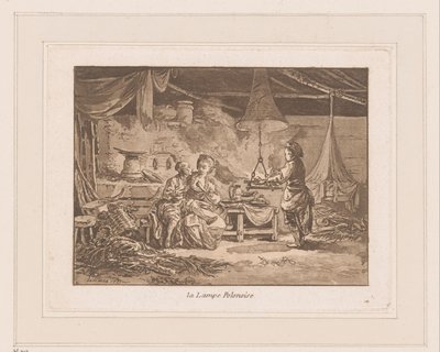 Interior de un granero con dos figuras en un banco y un hombre junto al fuego
La Lampe Polonoise (título en el objeto) de Jean Baptist Leprince
