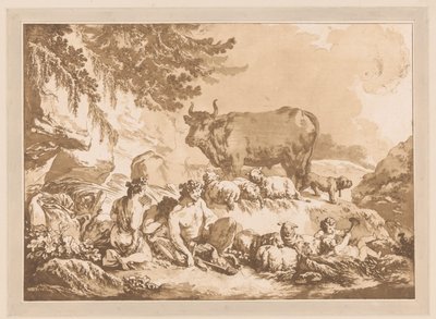 Sátiros descansando entre ovejas y una vaca en un paisaje de Jean Baptist Leprince