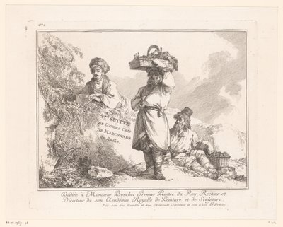Impresión del título que muestra a tres vendedores ambulantes con sus mercancías cerca de una roca
2me Suitte de Divers Cris de Marchands de Russie (título de la serie en el objeto)
Vendedores y comerciantes ambulantes rusos (título de la serie) de Jean Baptist Leprince