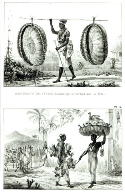 Cestas de cabeza y un vendedor de aves de corral, de 