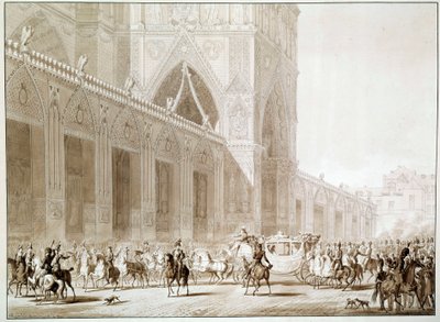 La llegada en carruaje del Emperador Napoleón I y la Emperatriz Josefina de Beauharnais a la Catedral de Notre Dame de París el Día del Sagrado de Jean Baptiste (after) Isabey