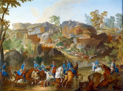 Placa que representa las cacerías de Luis XVI: el ciervo que se mantiene ante los perros en las rocas de Frauchard en el bosque de Compiegne. de Jean Baptiste (after) Oudry