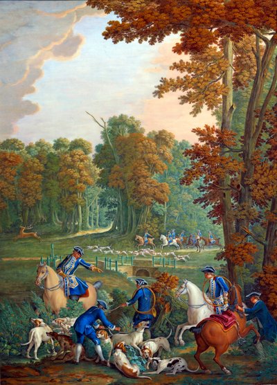 Placa que representa las cacerías de Luis XVI: el relevo en la encrucijada de la Embrassade en el bosque de Compiegne de Jean Baptiste (after) Oudry