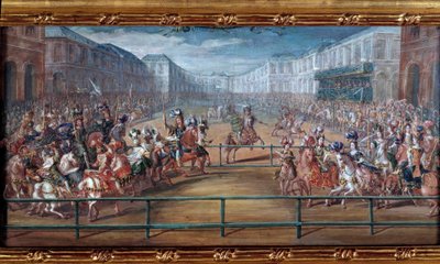 El pomposo carrusel de las amazonas galantes de las cuatro partes del mundo dado por Luis XIV frente a las Tullerías el 5 de junio de Jean Baptiste (attr. to) Martin
