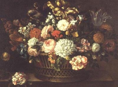 Peonías, tulipanes, narcisos y otras flores en una canasta de Jean Baptiste (attr. to) Monnoyer