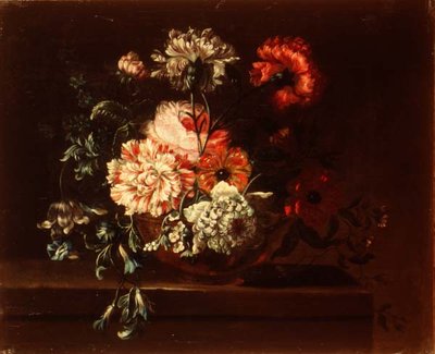 Rosas, claveles y convolvulus en un estante de Jean Baptiste (follower of) Monnoyer