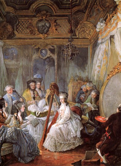 Francés: Jean-Baptiste-André Gautier-Dagoty portraiturant la Reine dans sa chambre Marie Antoinette playing the harp at the French Court de Jean Baptiste André Gautier Dagoty