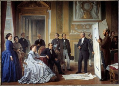 El arquitecto Louis Visconti presenta a Napoleón III el plan del nuevo Louvre de Jean Baptiste Ange Tissier